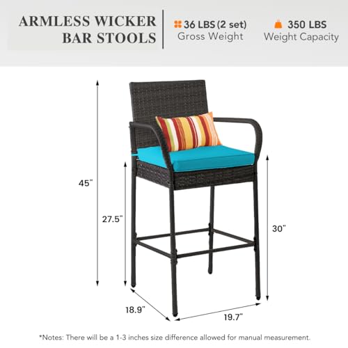 Image of Sundale Outdoor Wicker Bar Stool Set of 2, Patio Counter Height Pub Chair with Arms, High Top Rattan Barstool, Cushion Beige, All-Weather Outdoor Rattan Furniture (Gray&Blue, Small Seat - 2 Stools)