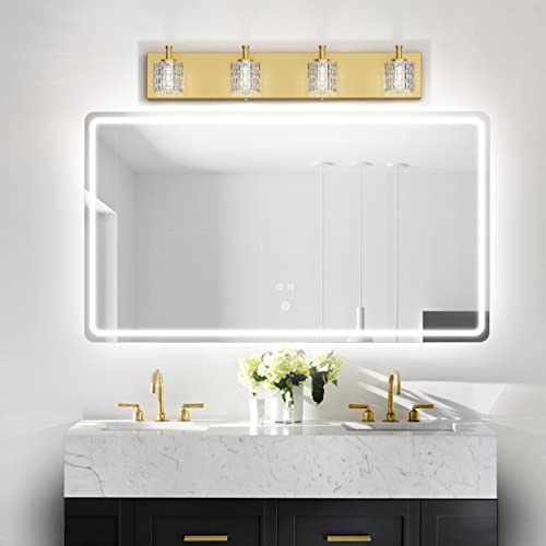 Image of Ralbay Gold Bathroom Vanity Light Fixtures 4 Lights Gold Modern Crystal Bathroom Lights Fixtures Modern Crystal Gold Vanity Light for Bathroom