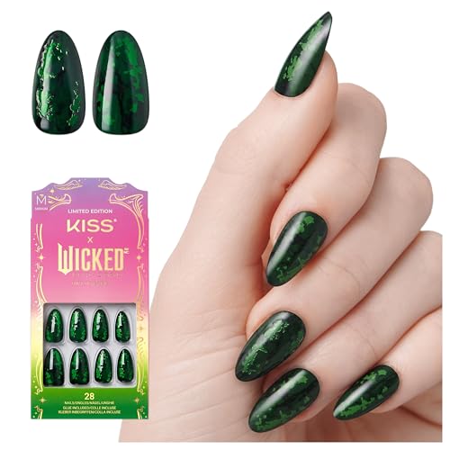 KISS X WICKED: FOR GOOD Press On Nails Almond My Future Is Unlimited Green Medium Waterproof Chip Proof Smudge Proof 28 Fake Nails Pink Gel Nail Glue (2g) Mini Nail File & Manicure Stick