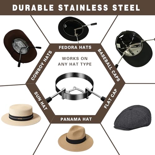 Image of Universal 360 Adjustable Hat Stretcher - Stainless Steel Expander for Cowboy Hats, Felt Hats & Baseball Caps - Only One in Market with 6 inch to 8 inch Full-Range Sizing Silver