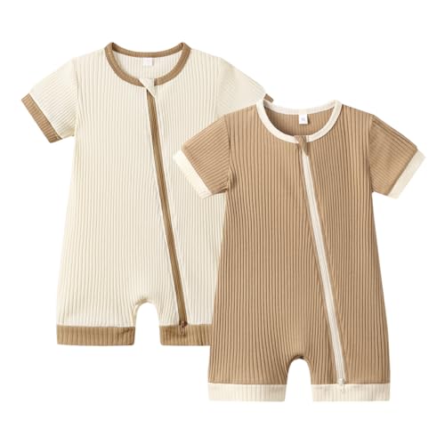 Image of Bafeicao Unisex Baby Boy Girl 2 Pack Rompers Short Sleeve 2 Way Zipper One Piece Jumpsuits Clothes Sets