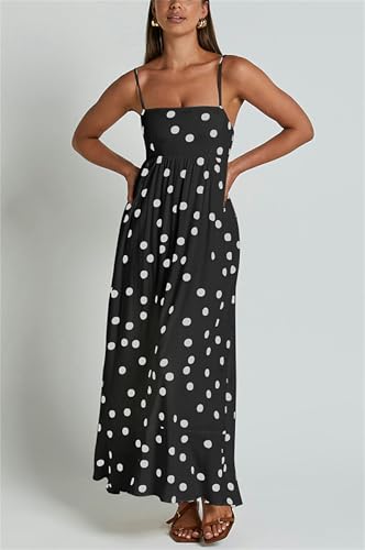 Image of Yuemengxuan Boho Maxi Dresses for Women Spaghetti Strap Flowy Smocked Long Dress Casual Summer Vacation Beach Maxi Dress