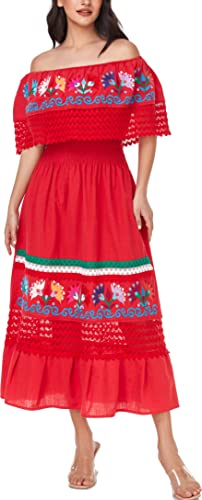 Image of YZXDORWJ Women Embroidered Mexican Peasant Casual Sexy Lace Off-Shoulder Long Dress