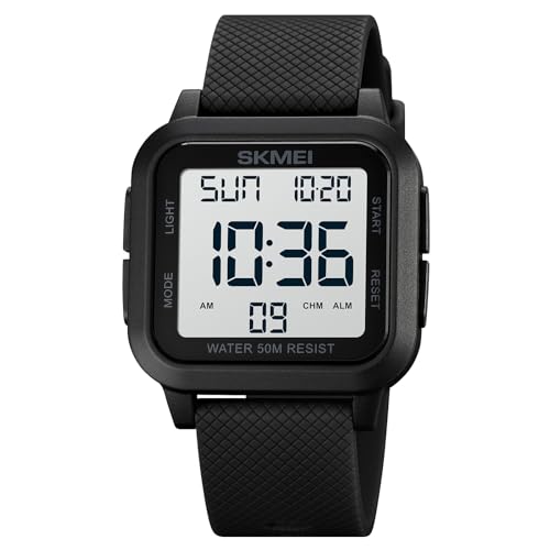 SKMEI Reloj deportivo digital para hombre, ultrafino, esfera grande, resistente al agua, con cronómetro, temporizador de cuenta regresiva, función de alarma, luz trasera LED de doble hora, Negro SKMEI Reloj deportivo digital para hombre, ultrafino, esfera grande, resistente al agua, con cronómetro, temporizador de cuenta regresiva, función de alarma, luz trasera LED de doble hora, Negro