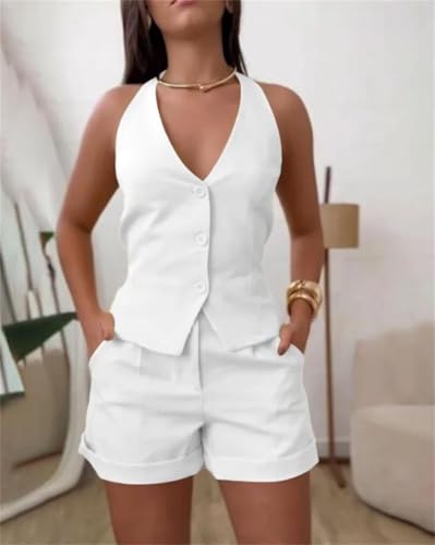 Dbdkejj Women's Summer Sexy Two Piece Set V Neck Front Button Sleeveless Vest Casual Pocket Shorts Set2
