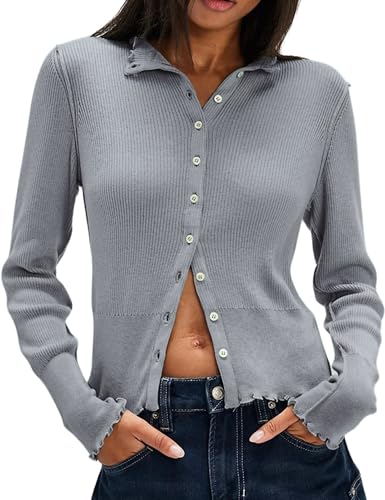 Image of InterNos Womens Slim Fit Cardigan Sweater Ruffle Collar Button Down Cardigans Sexy Solid Open Front Knit Top
