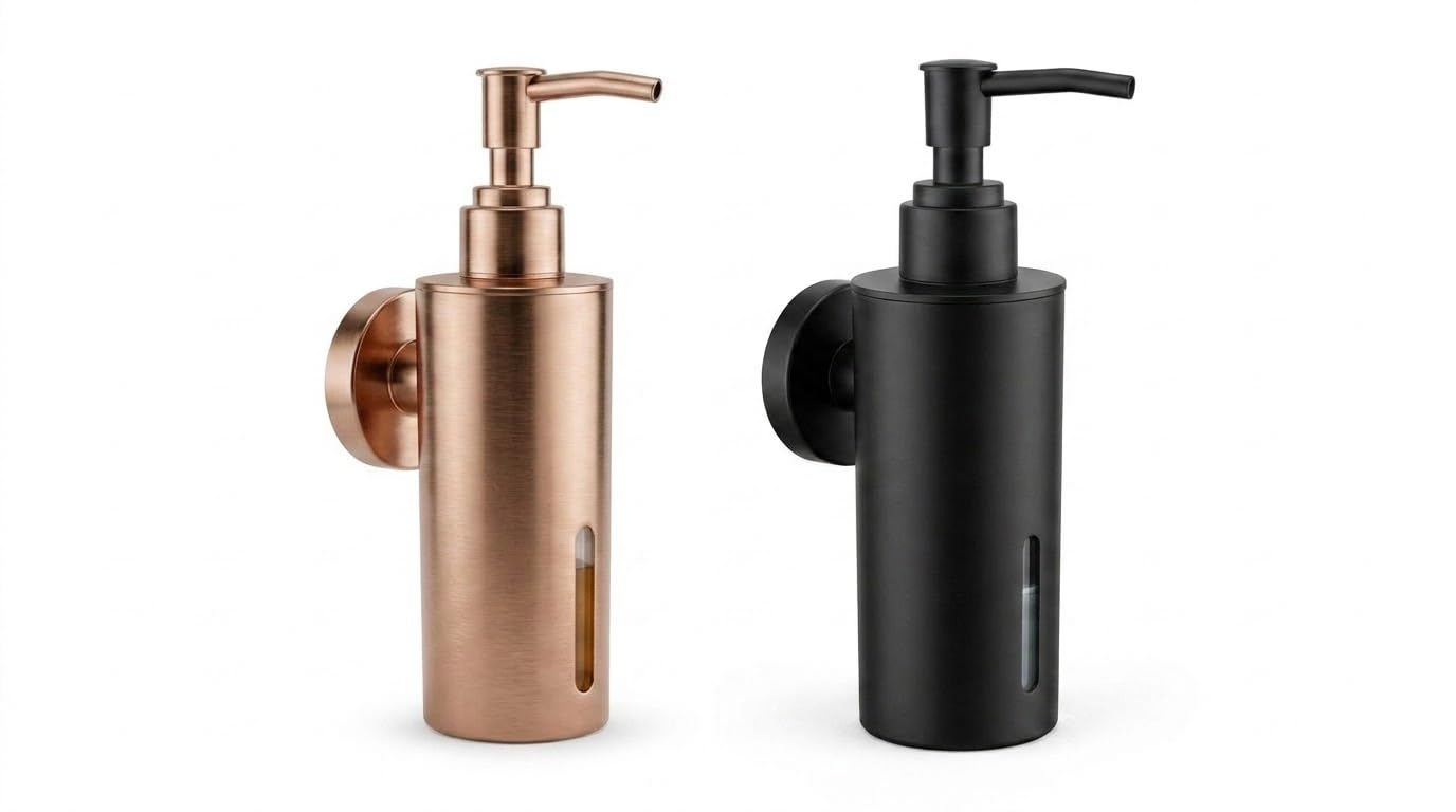 Vrutrendz Wall Mounted Soap Dispenser Stainless Steel Combo Pack of 2 | Rose Gold & Matte Black, Manual Pump, Level Window, Saves Counter Space, Multi-Use Liquid-image-32