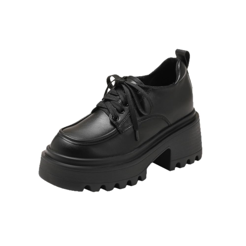 LVJMJ Chaussures plateforme à lacets pour femme - Talon épais - Bout rond - Dessus en microfibre - Style britannique vintage - Sangle réglable - Semelle intérieure rembourrée confortable en EVA - Pour