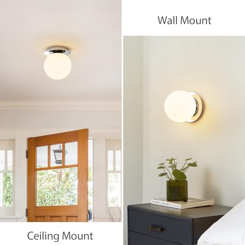 Image of Modern Chrome Globe Wall Sconce，Single Light with Milk Glass Shade | 6 inch Minimalist Spherical Vanity Sconces,Contemporary Small Brass Ball Lights Fixture for Entryway Bedside Bathroom,E26 Base