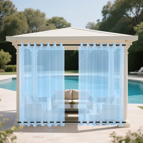 BESTORI Outdoor Sheer Curtains for Patio Waterproof Weatherproof Grommet Top and Bottom Outside Curtains for Living Room, Gazebo, Porch Blue, 100" W x 96" L (Pack of 2)