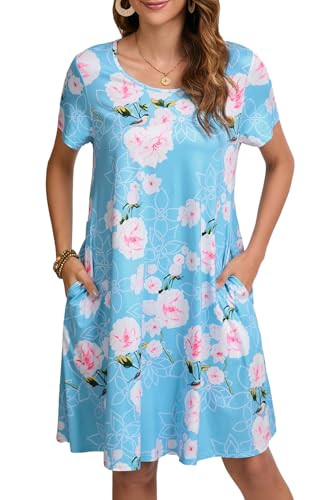 Enmain Kleider Damen Sommer Kurzarm Loose Swing T-Shirt Kleider Damen Lässiges Knielänge Boho Tunikakleid, Floral Hellblau, XL