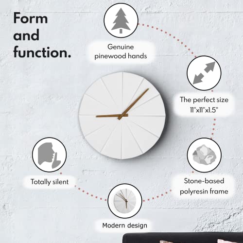 Driini Staircase Modern Wall Clock - Unique 11.2 In. Frameless Concrete Design - Contemporary, Minimalist Decor; No Numbers - Silent Battery Operated Clocks With Decorative Wooden Hands; White #TOP1
