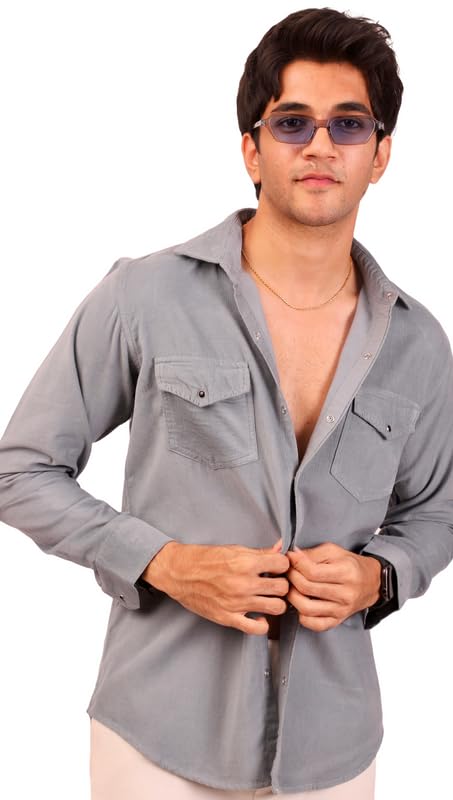 DEZANO Corduroy Casual Shirt for Men's, Regular Fit with Spread Collar & Full Sleeves. Double Pocket Shirt - Corduroy Black