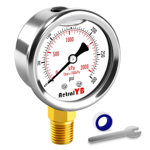 AetralYB 0-300 PSI Heavy-Duty Pressure Gauge, 2-Inch, Glycerin-Filled, Stainless Steel, 1/4" NPT Lower Mount, Shock-Resistant, Waterproof Pressure Meter for Oil Systems, Water Pumps, HVAC Applications