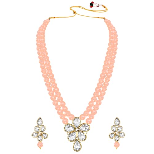 Image of Peora Crystal Faux Pearl Kundan Necklace & Jewellery Set Gift for Women