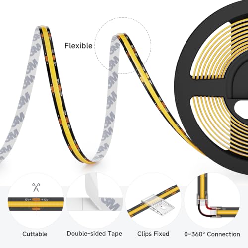 Image of BTF-LIGHTING FCOB COB LED Strip Light Natural White 4000K, UL Listed DC12V 16.4FT High Density Uniform Light, CRI90+ 8mm Width Black PCB Tape Light for Home DIY Lighting(No Adapter or Controller)