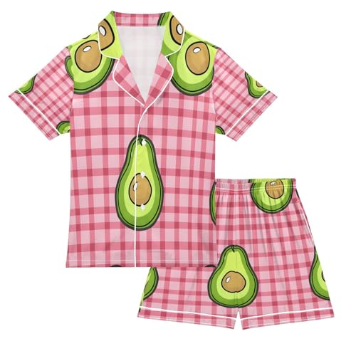 senya Pajama Sets Silky Button Down Nightwear Sleepwear Size 5-14 Years Pink Checkered Avocado