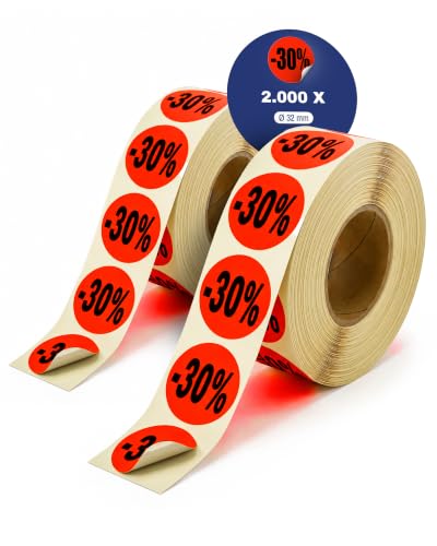 POKORNYS - Étiquettes promotionnelles « -30% » I Stickers pour marchandises à prix réduit I Lot de 2.000 autocollants de rabais en rouge vif I Adhésifs permanents, ronds, Ø 32mm