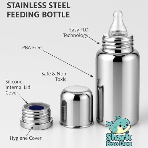 Image of Shark Doo Doo Stainless Steel Bottle for Babies (0-12 Months) - 150ml with Silicone Cleaning Brush (Combo Pack) | BPA Free