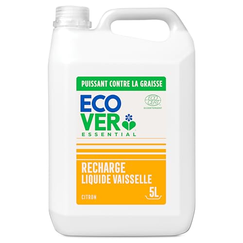 Ecover Essential Liquide Vaisselle, Nettoyant Vaisselle aux Extraits Botaniques, Action Nettoyante et Dégraissante, Parfum Citron, Bouteille Recharge de 5 Litres