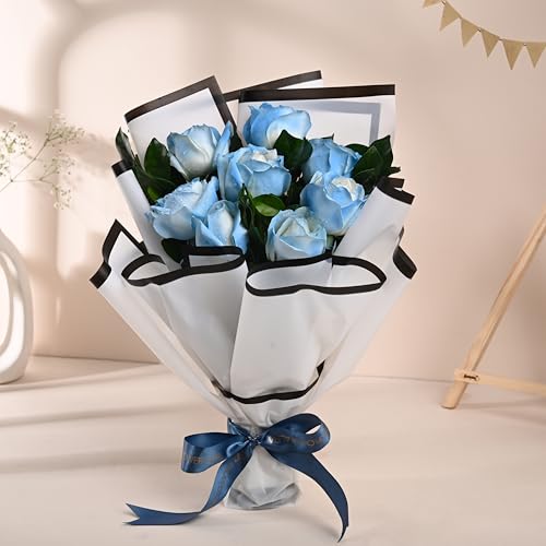 Image of FlowerAura Premium Fresh Live Flower Bouquet of 8 Blue Painted Roses In Designer Paper Gift For Birthday | Anniversary | Love | Home Decor | Fathers Day Gift For Dad (Same Day Delivery)