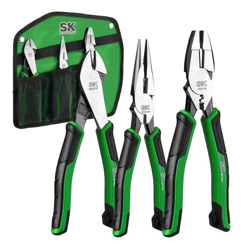 SK 3-Piece Pliers Set, 9.5-Inch Linesman, 8-Inch Diagonal & Needle Nose Pliers, High Carbon Steel, Ergonomic Anti-slip Handle, with Rolling Pouch