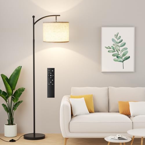 Ambimall 60" Floor Lamp with Remote Control and Stepless Dimmable Bulb, Colors Temperature & Brightness Adjustable, Modern Floor Lamps for Living Room(Beige Shade & Black Pole)