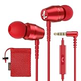 LUDOS OMNITONE Wired Earbuds in-Ear Headphones, 5 Year Warranty, Earphones with Microphone, 3.5 mm Jack Corded Ear Buds, Videoconference for iPhone, Samsung, Laptop, Kids, School Students - Red