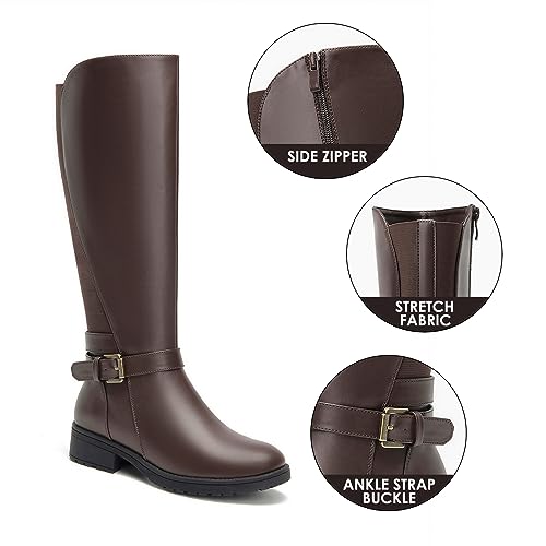 ALLOT Women's Stretch Knee High Boots Low Block Heel Buckle Strap Classic Riding Boots Ladies Side Zip Elastic Casual Fashion Winter Boots4
