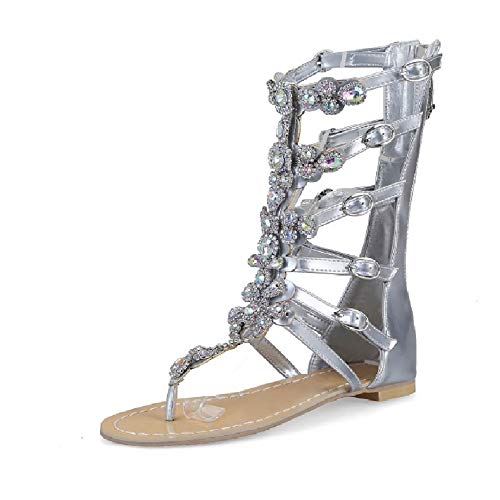 Z238S Sandales tendance pour femme avec fermeture éclair plate et pinces confortables et faciles à porter pour femme - Blanc - argenté, 47 EU Cover