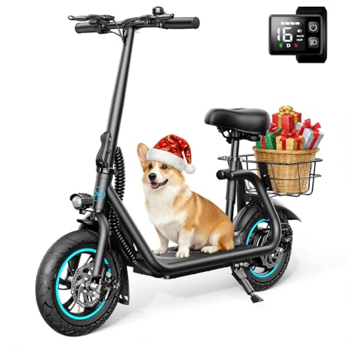 AWWSCOOTER C1 Electric Scooter with Seat for Adults, 450W Powerful Motor, 20 Mile Long Range, 16 Mph Foldable Commuter E-Scooter with Basket for Daily Commute, Grocery, or Pet Travel – Classic Black