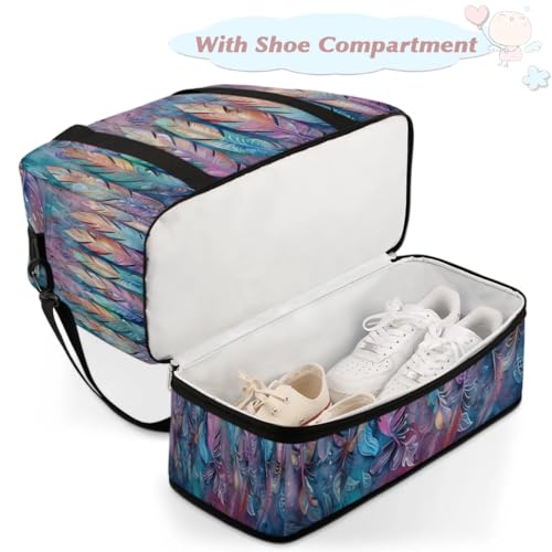 Travel Duffel Bag with Shoe Compartment, Colorful Feathers Shoulder Weekender Bags for Women, Foldable Waterproof Travel Bag Carry on Bag4