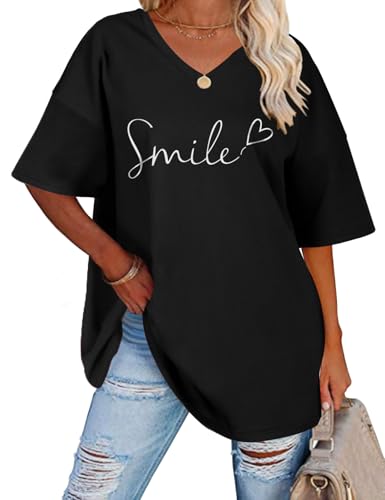 TOMEEK T Shirt Femme Été Col en V Manches Courtes T-Shirts Coton Imprimé Tee Grande Taille T-Shirt Femme Oversize Hauts Tops(Noir,XXL)