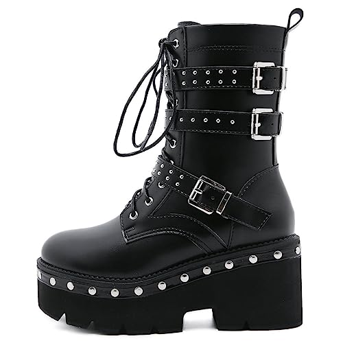 Image of Parisuit Womens Goth Patent Ankle Boots Platform Chunky Combat Boots