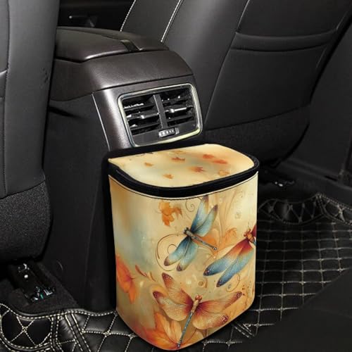 Image of Car Trash Can with Lid Hanging Car Trash Bag Leak-Proof Portable Cars Garbage Bin Sedan Accessories Interior Cars Organizer, Dragonfly Print