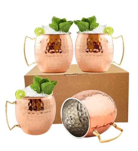 BOLD & DIVINE Copper Plated Moscow Mule Mugs Set of 4 | 18 Oz Hammered Copper Cups with Stainless Steel Lining Gold & Brass Handles | Perfect for Bars, Parties & Gifts