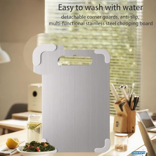 Tablas de corte de acero inoxidable para cocina, tabla de corte de titanio con protectores de esquina de silicona y pies antideslizantes para cortar carne, frutas y verduras en casa (34,0 cm x 23,0 cm) miniatura 2