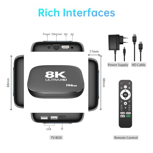 Image of GADGETSWEAR i96 Smart Android TV Box, 4K Ultra HD Streaming Media Player with Voice Remote, Android 14.0, 8GB RAM, 128GB Storage, Dual Band WiFi 5, Bluetooth 5.0, Free 1 Month Subscription