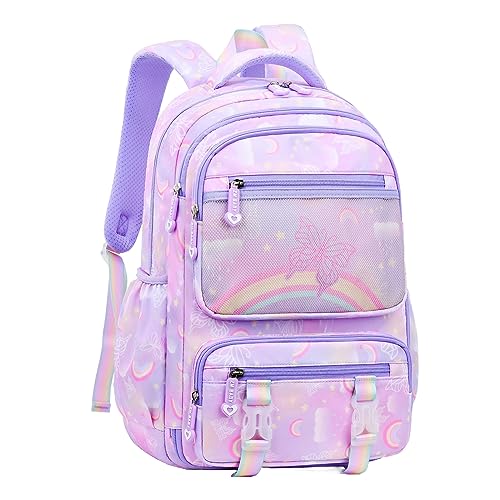 Kids Backpack for Girls Cute Rainbow Butterfly Backpacks for Teen Girls Age 8-12 Kindergarten Elementary Bookbag,Purple