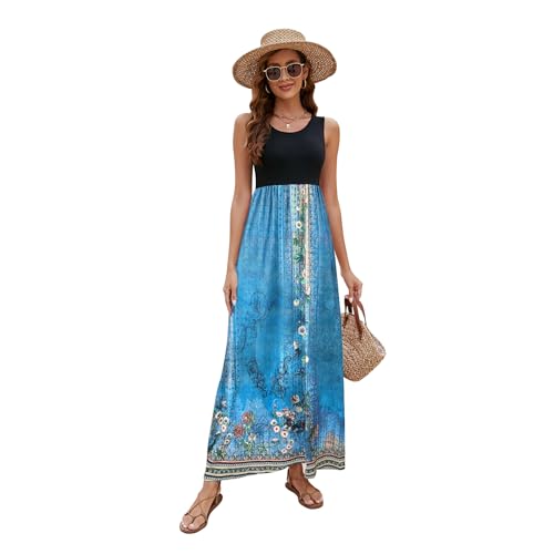 Image of Sherosa Women Boho Chevron Striped Floral Printed Summer Sleeveless Tank Long Maxi Party Dress