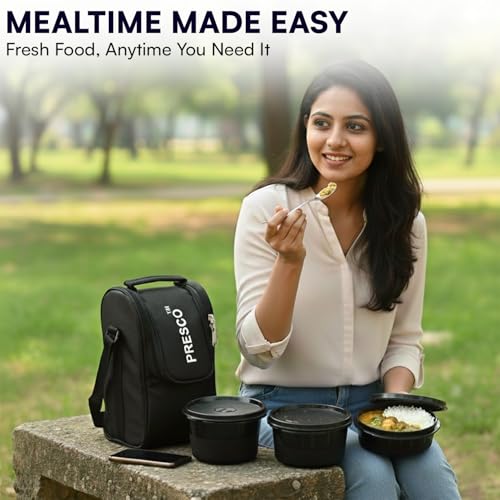 Image of PRESCO Insulated Lunch Box Set (3 Microwave Safe Inner Steel Containers,600 /450 /290ml; with Steel Spoon) with Insulated Fabric Bag, Lunch Box for Office Use, Leak Proof, Tiffin Box for Men