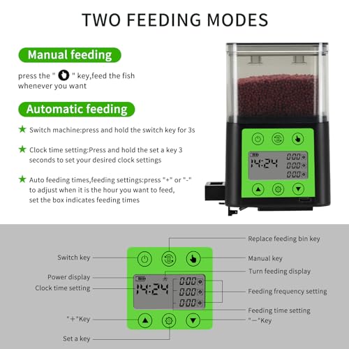 Podazz Automatic Fish Feeder for Aquarium with Timer, LCD Display 320ML Large Capacity Adjustable Fish Dispenser, Operated Feeders for Goldfish, Turtle for Vacation, Weekend or Daily Use(Green) - Thumbnail 4