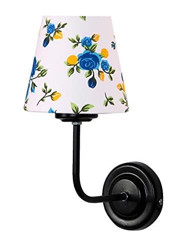 Image of Wall Sconce Wall Lamp (H-10 Inches, Blue Floral) for Living Room /Bedroom, Hall, Study, Kids Room, Home Office, Balcony Decor | Black Metal Finish, Modern Indoor Wall Night Ambient Lighting