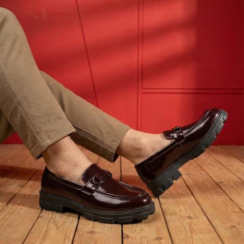 Image of Men's Premium Glossy Black Chunky Sole Loafers with Metal Accent | Fashion Slip-On Formal Casual Shoes