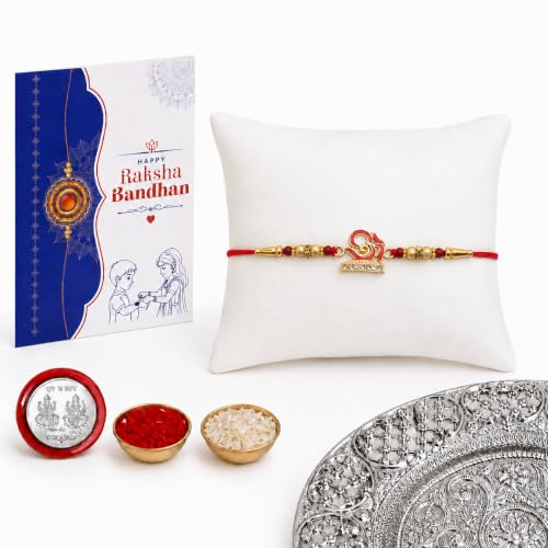 Image of Oblivion Rakhi Set for Brother - Om Design Rakhi for Brother with Silver Colour Pooja Thali, Pooja Coin, Kumkum Chawal & Greeting Card | Raksha Bandhan Gift Hamper