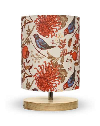 Image of Homesake Small Pine Table Lamp-Wooden Bedside Lamp Simple Bedroom Light Linen Shade Mini Desk Lamp Nightstand Lamps for Bedroom, Living Room, Gift, (Bird Cylinder)