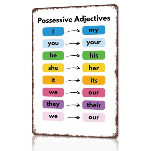 Possessive Adjectives Chart Aluminum Metal Sign, 8 x 12 Inch, English Grammar Learning Poster for Classroom, Homeschool, Teachers Room