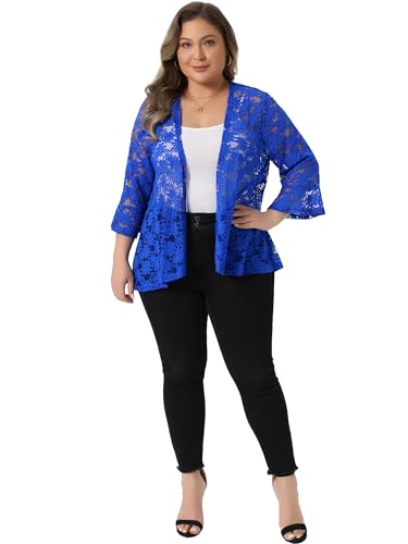 Image of Agnes Orinda Women Plus Size Open Front Lace Cardigans | 3 /4 Bell Sleeve Sheer Formal Bolero Shrugs Lightweight Floral Crochet Cover Up