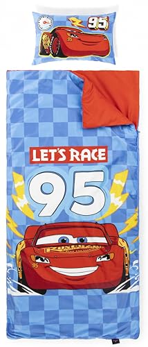 Image of Jay Franco Kids Slumber Bag and Pillow - 54 x 27 Inch Comfy Indoor Sleeping Bag for School and Sleepovers, 2 Piece Set, Blue - Cars