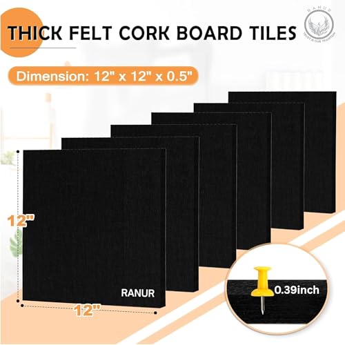 Image of RANUR 6 Pcs Felt Bulletin Board (30x30 cm) Self Adhesive Notice Boards with 50 Pins, Vision Board for Manifestation, Message Board for Notes, Photos, Office & Home Wall Decor (Black)
